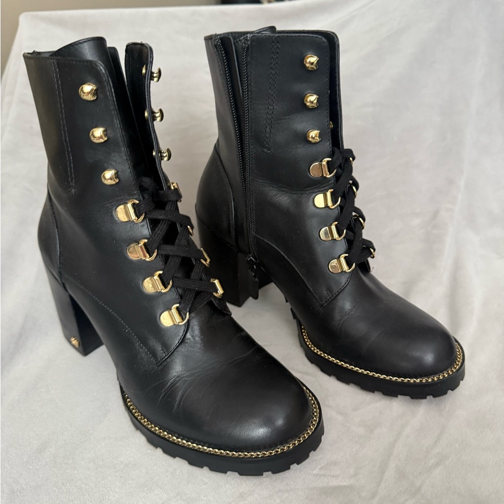 Stuart Weitzman Kolbie Block Booties Lace-Up, Leather, Gold Hardware 💫